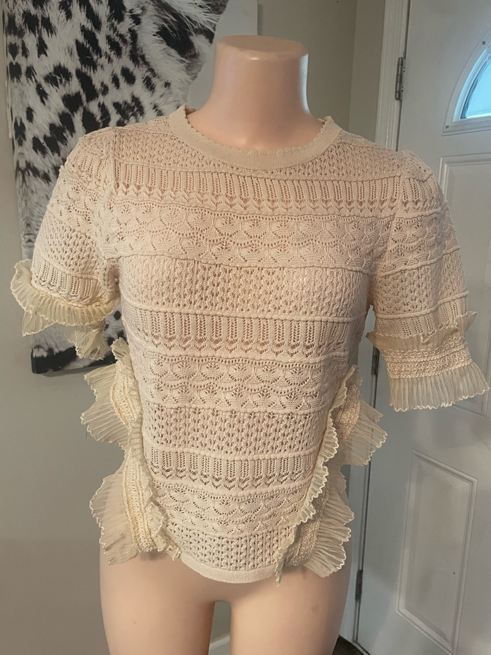 Zara lace-knit open knit top romantic ruffle sides Victorian fashion blouse Smal